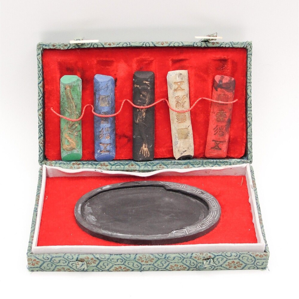 Asian Japanese Calligraphy Sumi Ink Stick Set Multiple 5 Colors, Inkstone & Box
